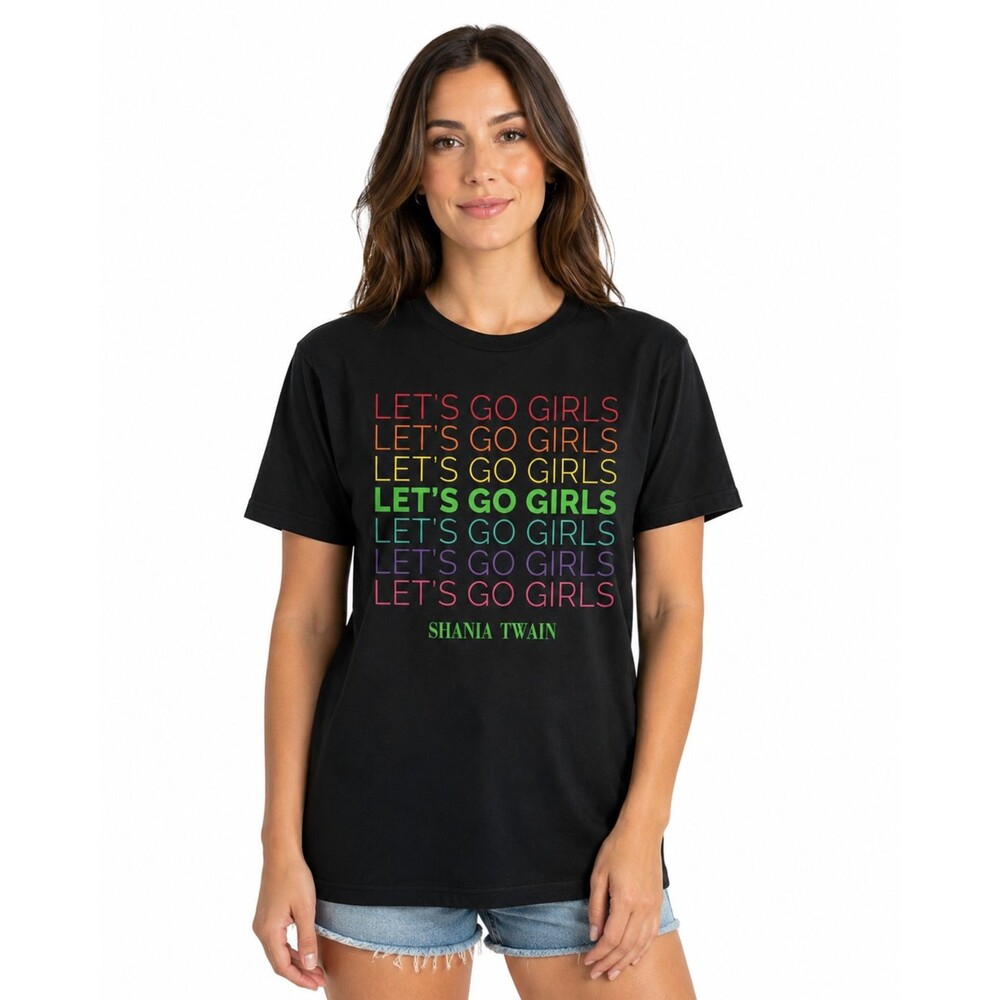 Shania Twain Lets Go Girls T-Shirt Sz Medium Black Rainbow Graphic Music Country
